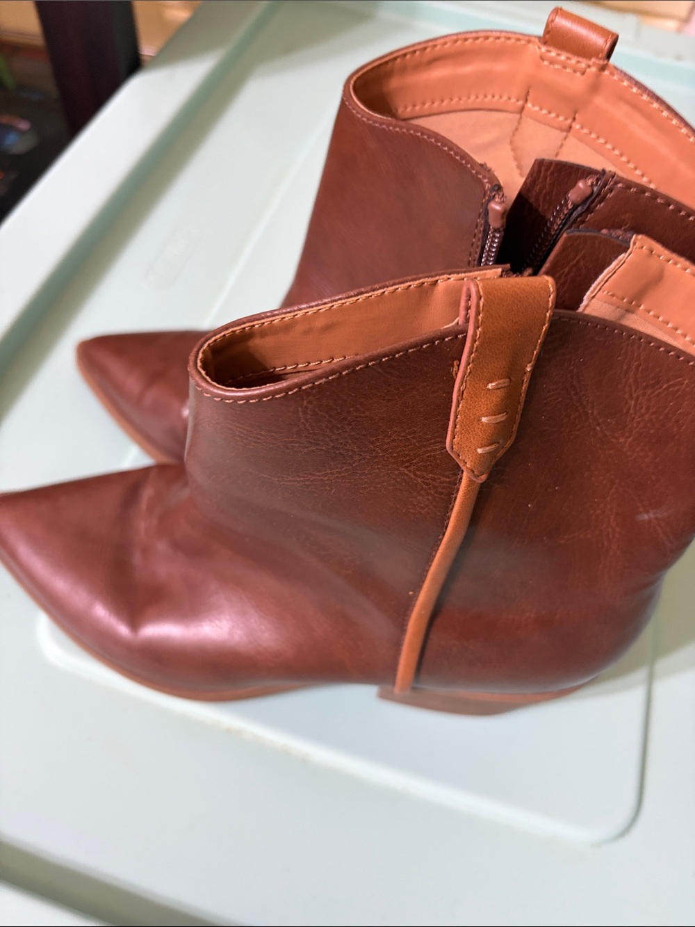 Universal Thread Pointed Ankle Booties in Cognac